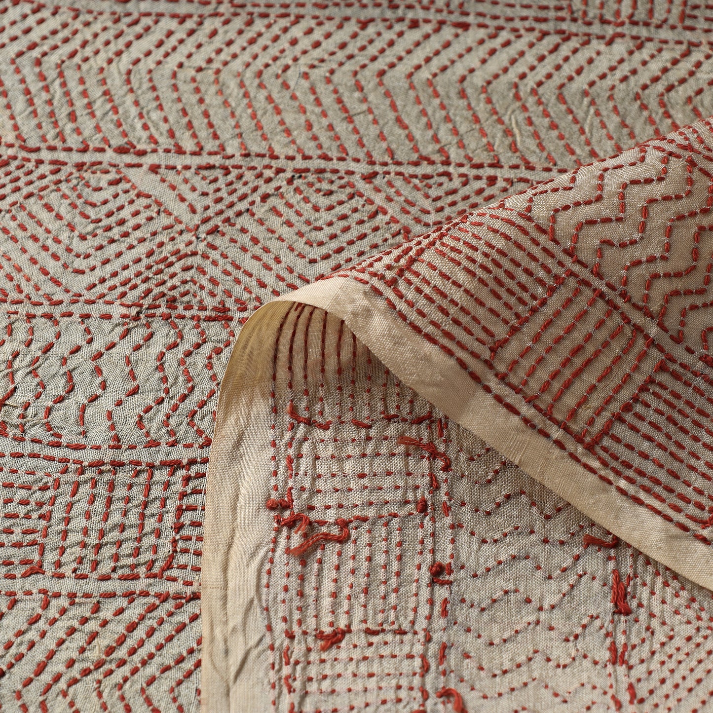 Beige - Bengal Kantha Work Pure Tussar Silk Handloom Fabric