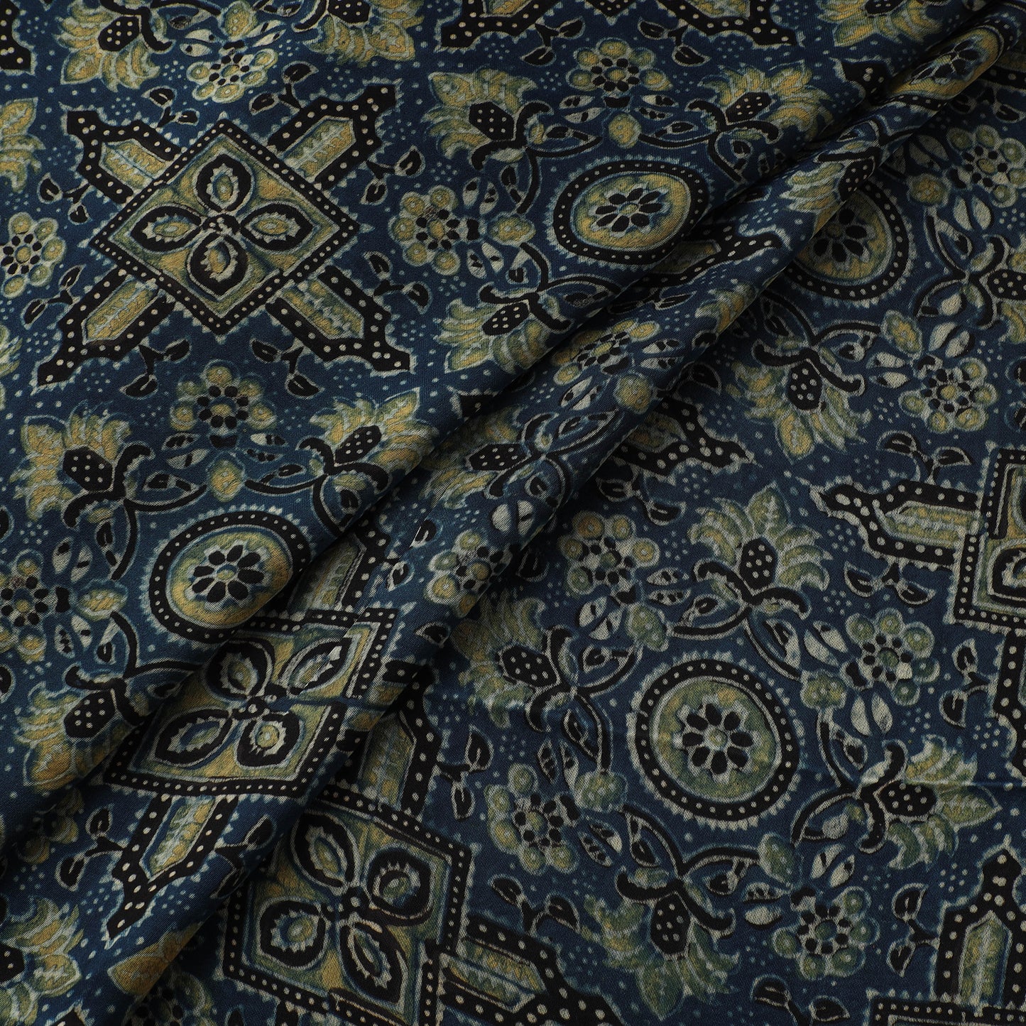 Blue - Ajrakh Hand Block Print Natural Dyed Modal Silk Fabric 02
