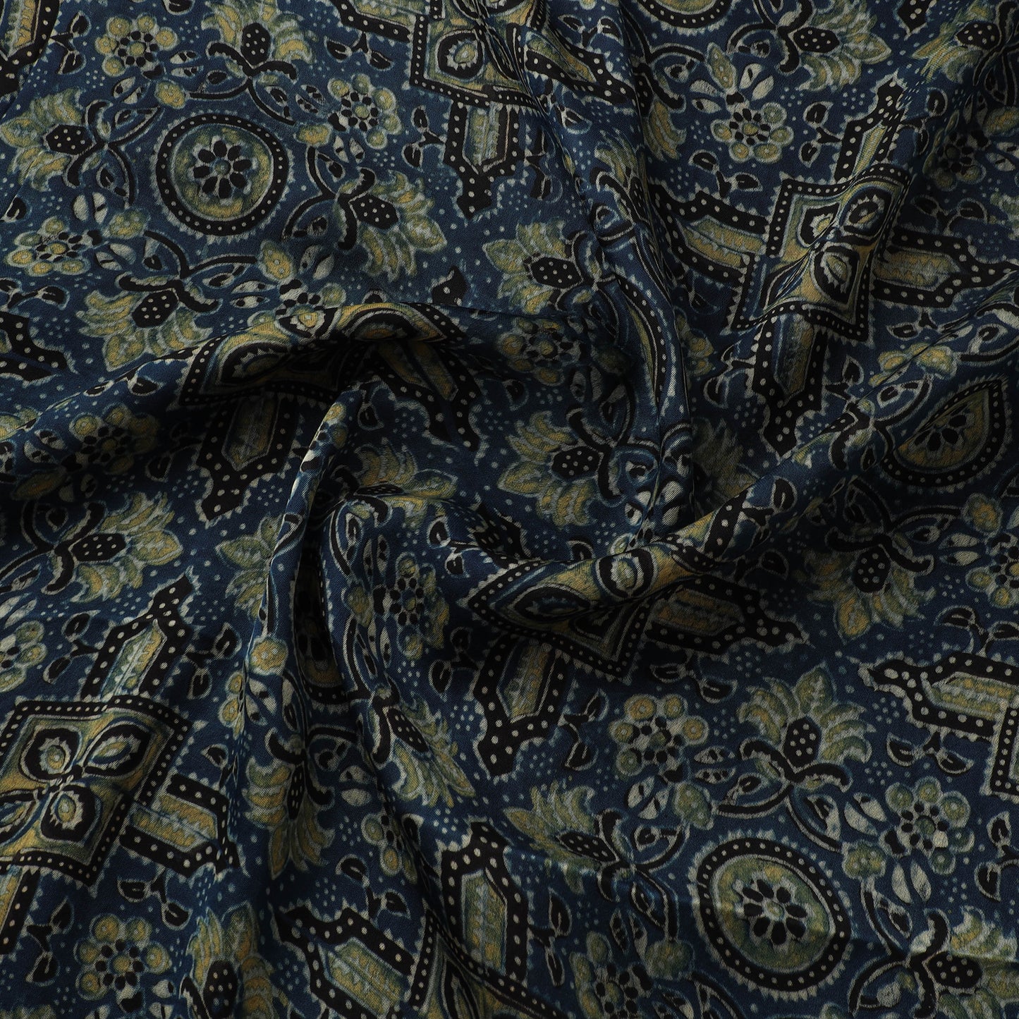 Blue - Ajrakh Hand Block Print Natural Dyed Modal Silk Fabric 02
