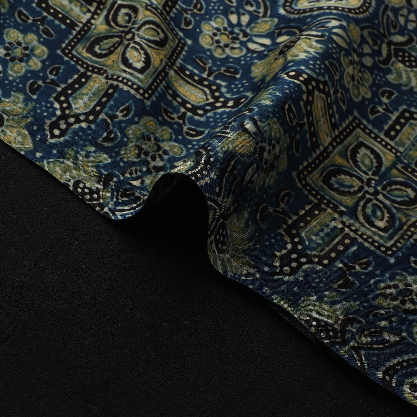 Blue - Ajrakh Hand Block Print Natural Dyed Modal Silk Fabric 02