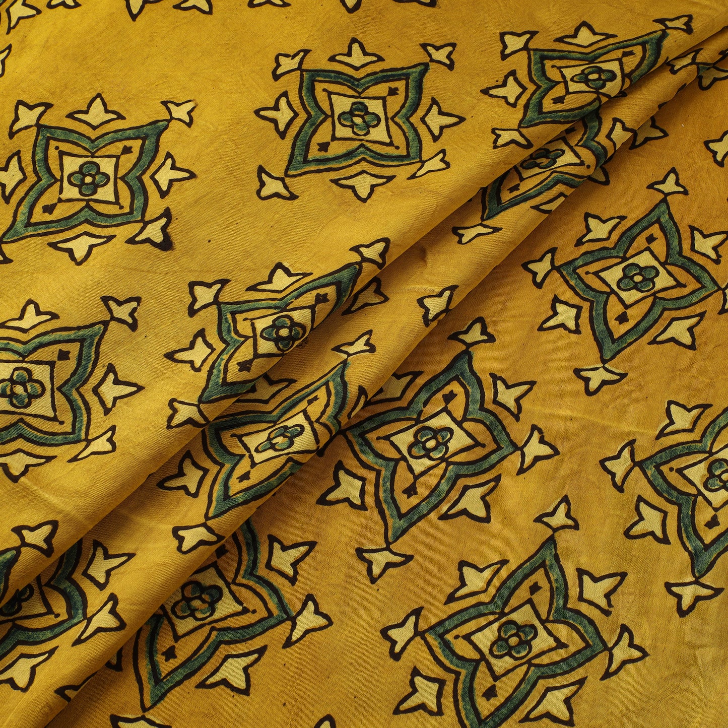 Yellow - Ajrakh Hand Block Print Natural Dyed Modal Silk Fabric 03
