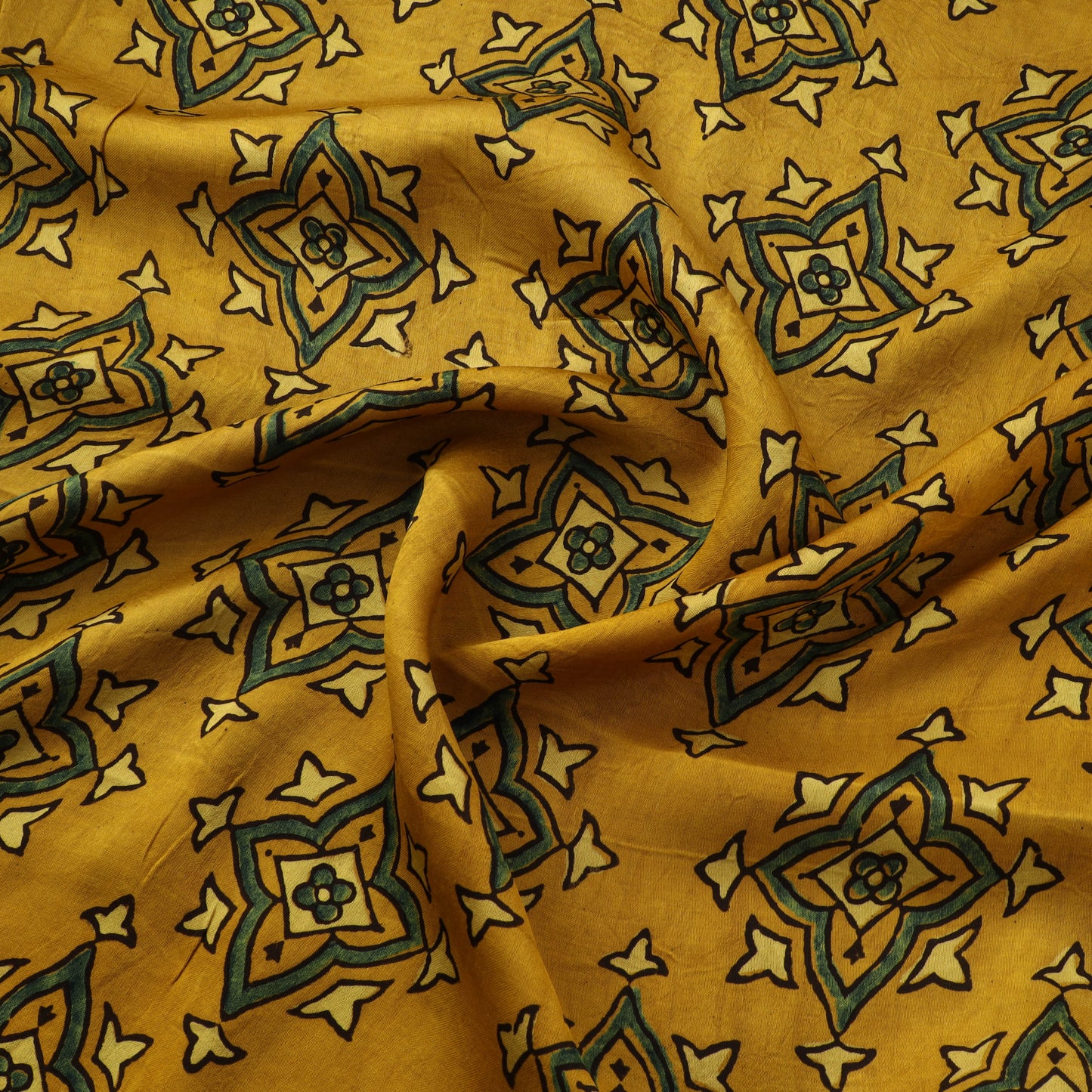 Yellow - Ajrakh Hand Block Print Natural Dyed Modal Silk Fabric 03