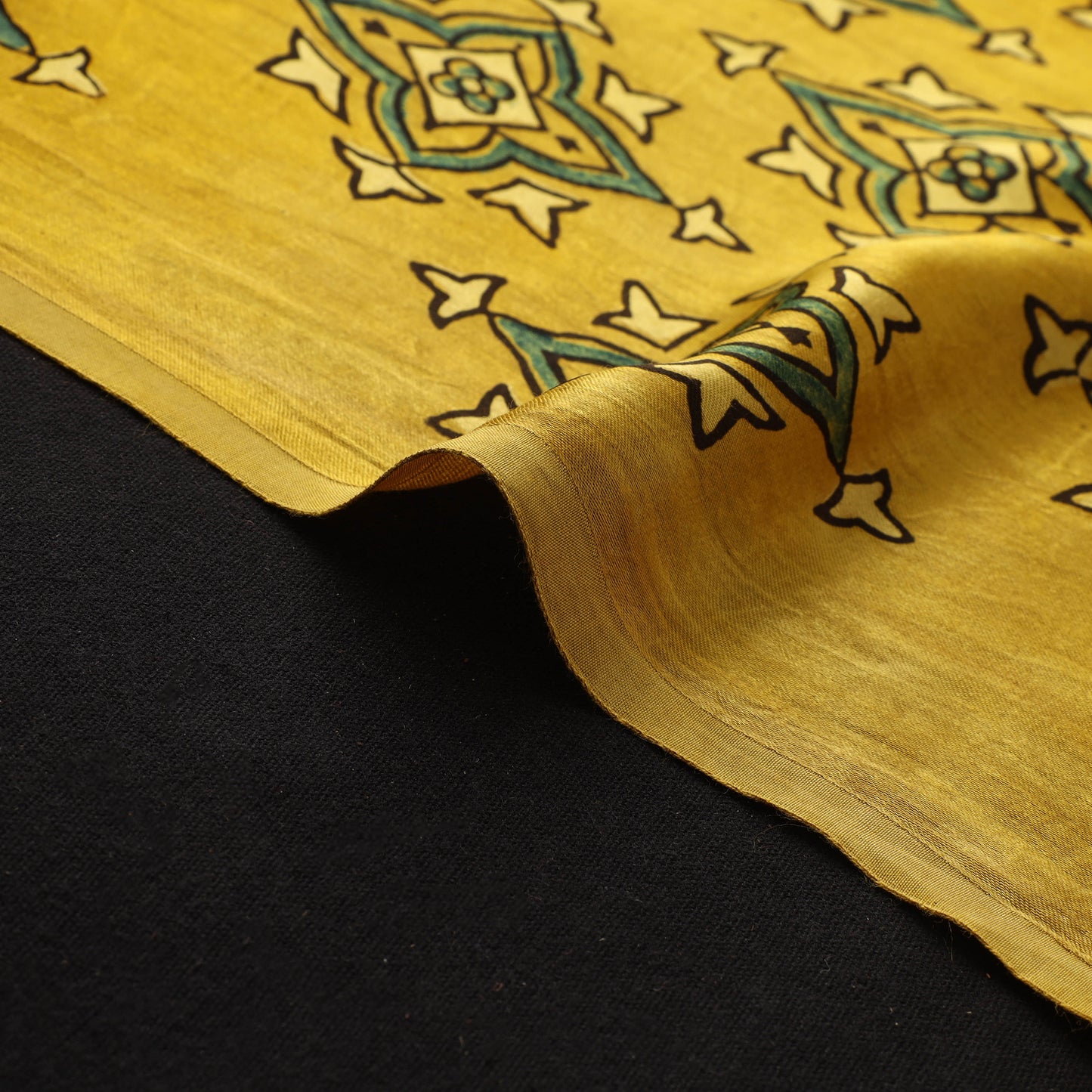 Yellow - Ajrakh Hand Block Print Natural Dyed Modal Silk Fabric 03