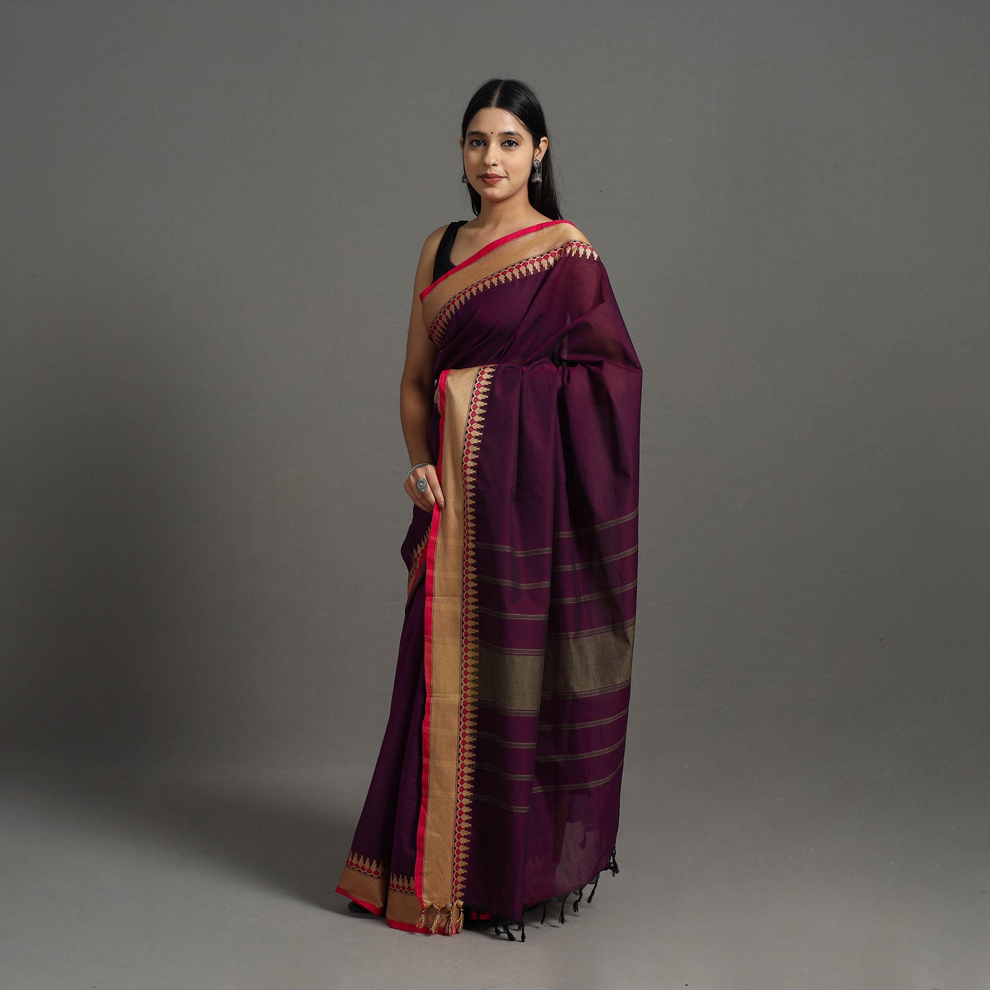 Purple - Kanchipuram Cotton Saree with Thread Border 07