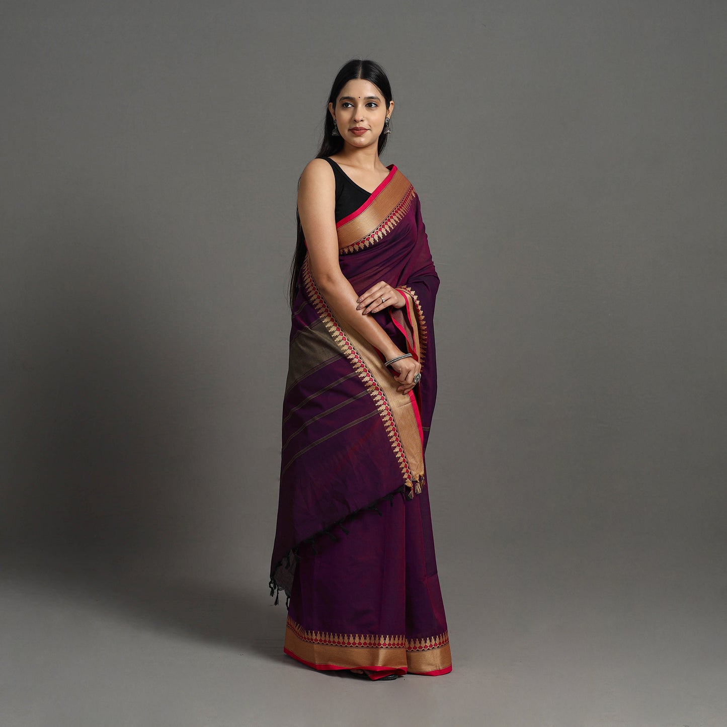 Purple - Kanchipuram Cotton Saree with Thread Border 07