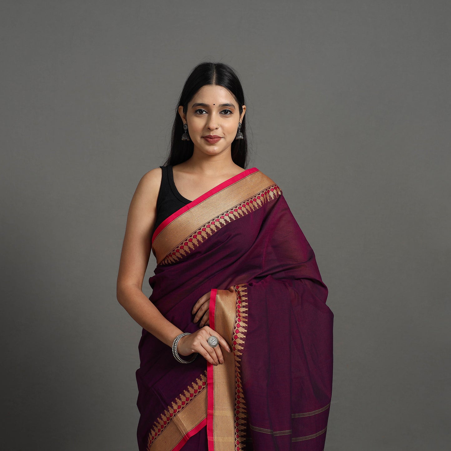 Purple - Kanchipuram Cotton Saree with Thread Border 07