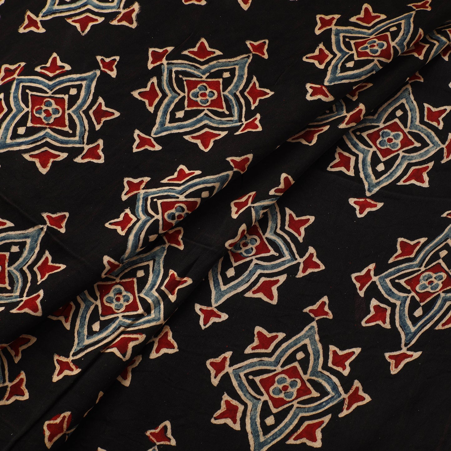 Black - Ajrakh Hand Block Print Natural Dyed Modal Silk Fabric 08