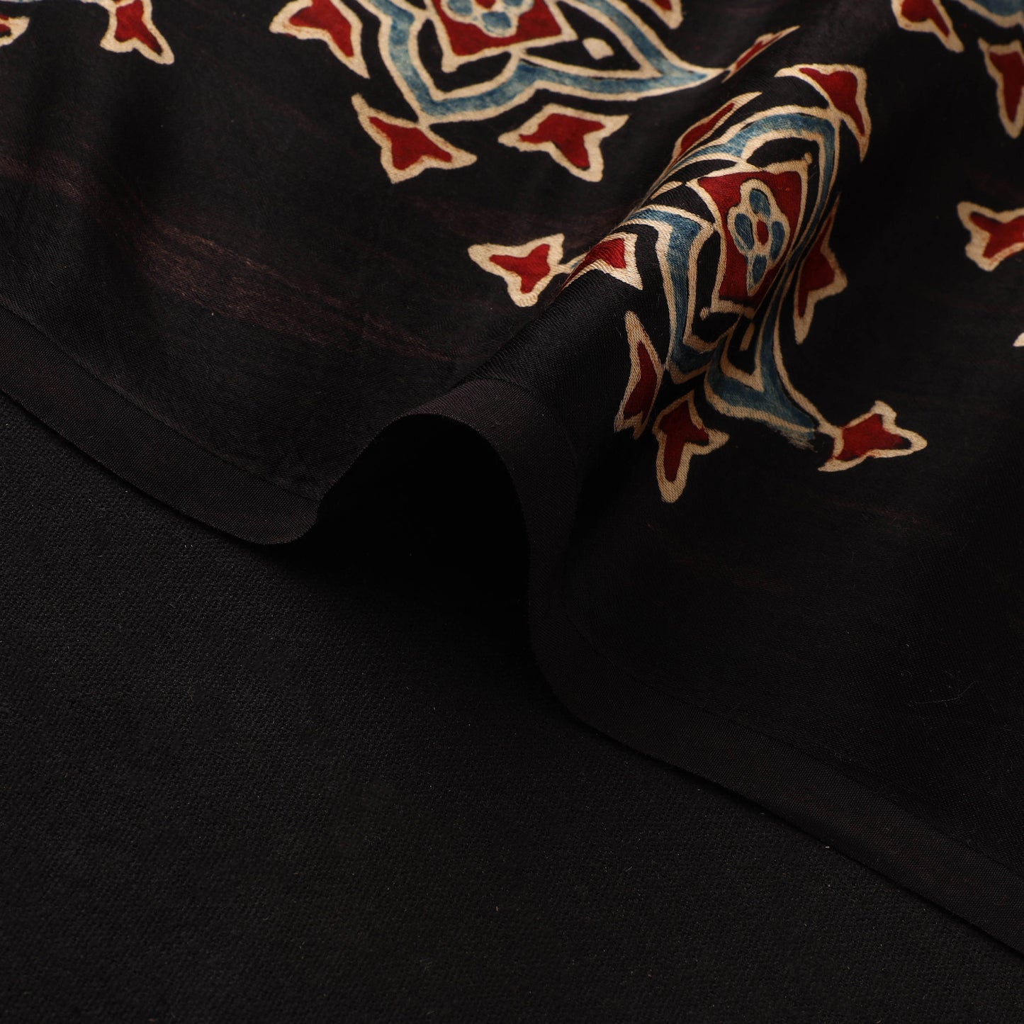 Black - Ajrakh Hand Block Print Natural Dyed Modal Silk Fabric 08