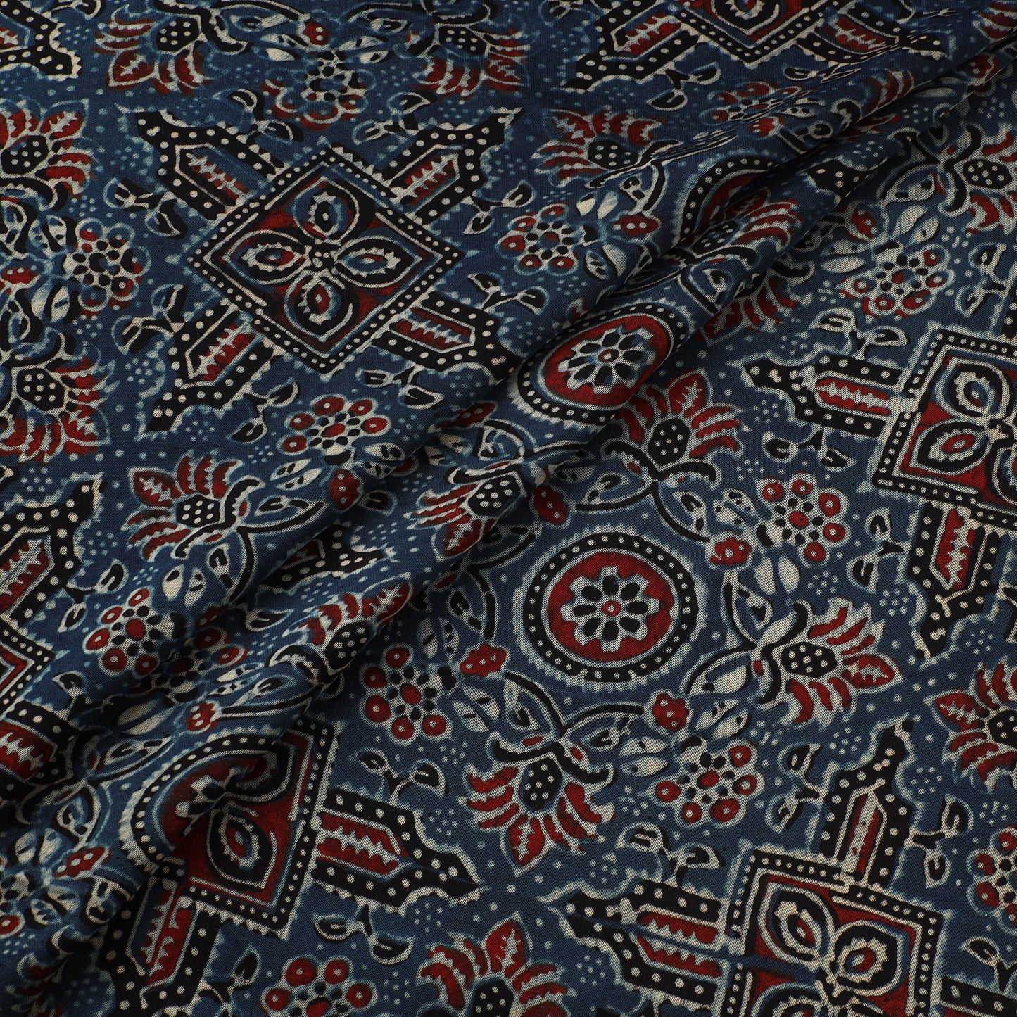Blue - Ajrakh Hand Block Print Natural Dyed Modal Silk Fabric 09