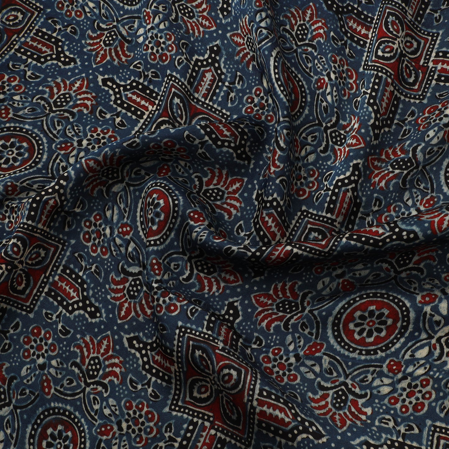 Blue - Ajrakh Hand Block Print Natural Dyed Modal Silk Fabric 09