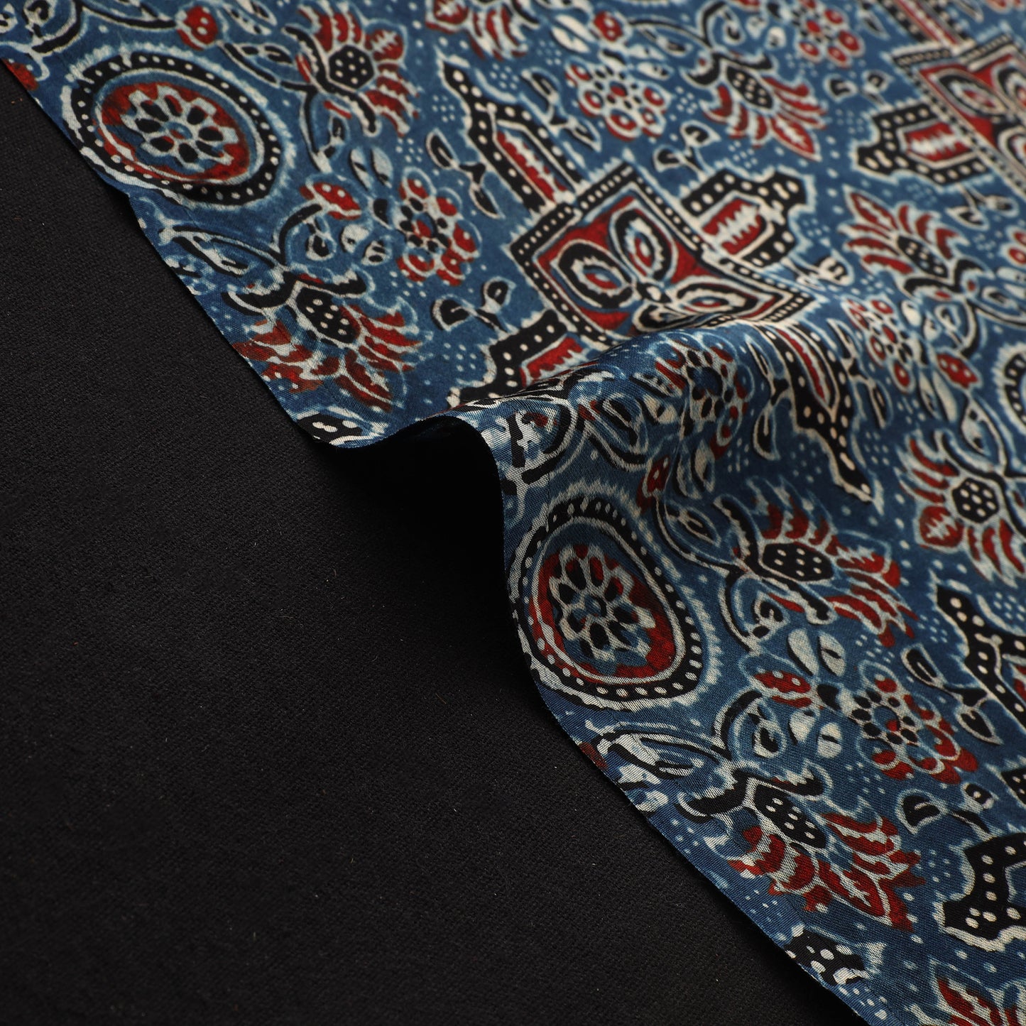 Blue - Ajrakh Hand Block Print Natural Dyed Modal Silk Fabric 09