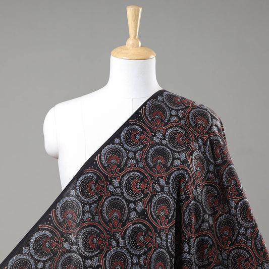 Black - Black Phool Jaal Ajrakh Hand Block Printed Cotton Fabric