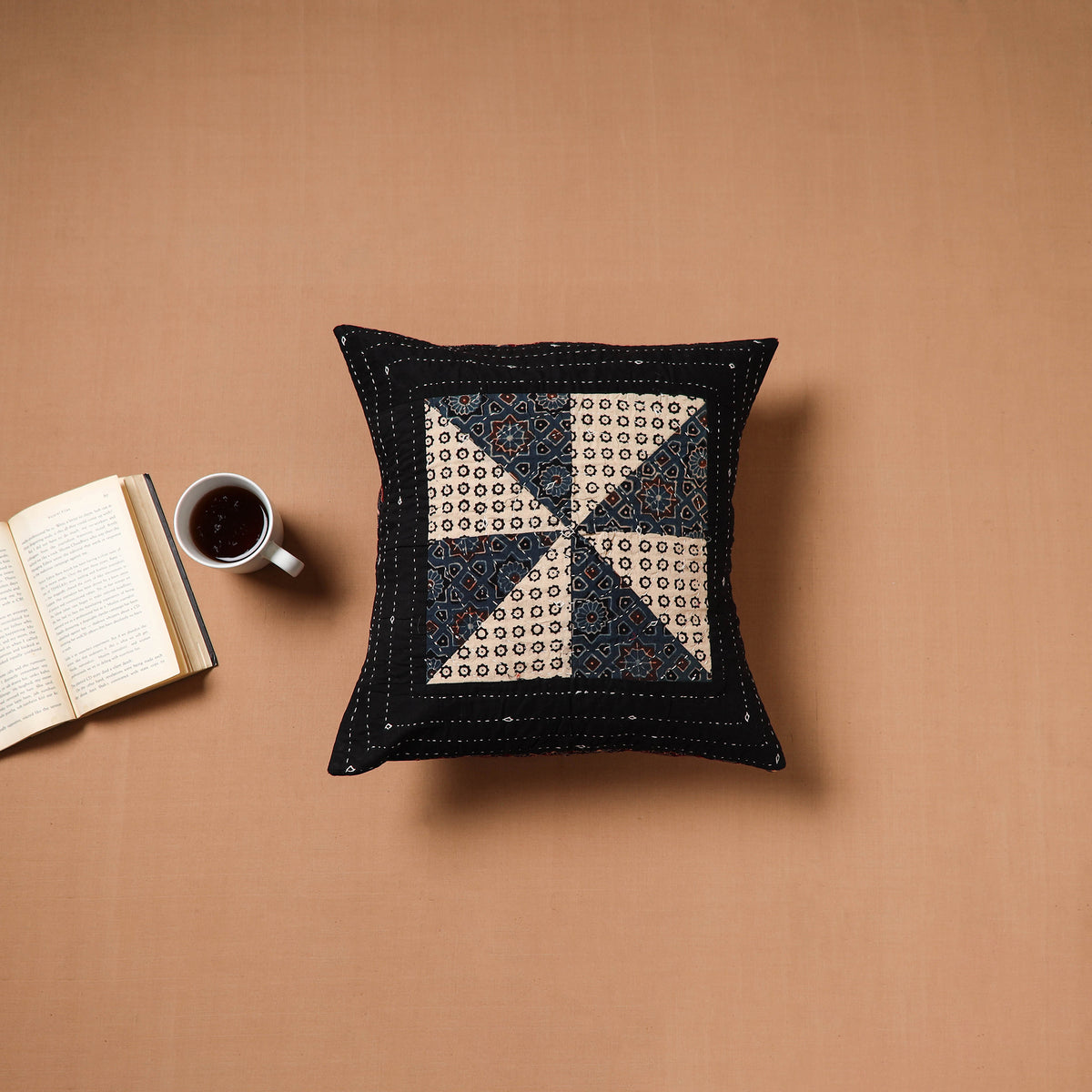 Black - Kutch Tagai Patchwork Ajrakh Cotton Cushion Cover (16 x 16 in) 41