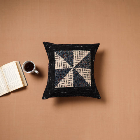 Black - Kutch Tagai Patchwork Ajrakh Cotton Cushion Cover (16 x 16 in) 41
