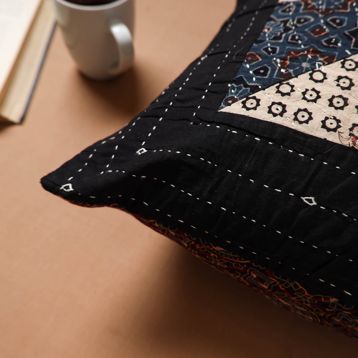Black - Kutch Tagai Patchwork Ajrakh Cotton Cushion Cover (16 x 16 in) 41