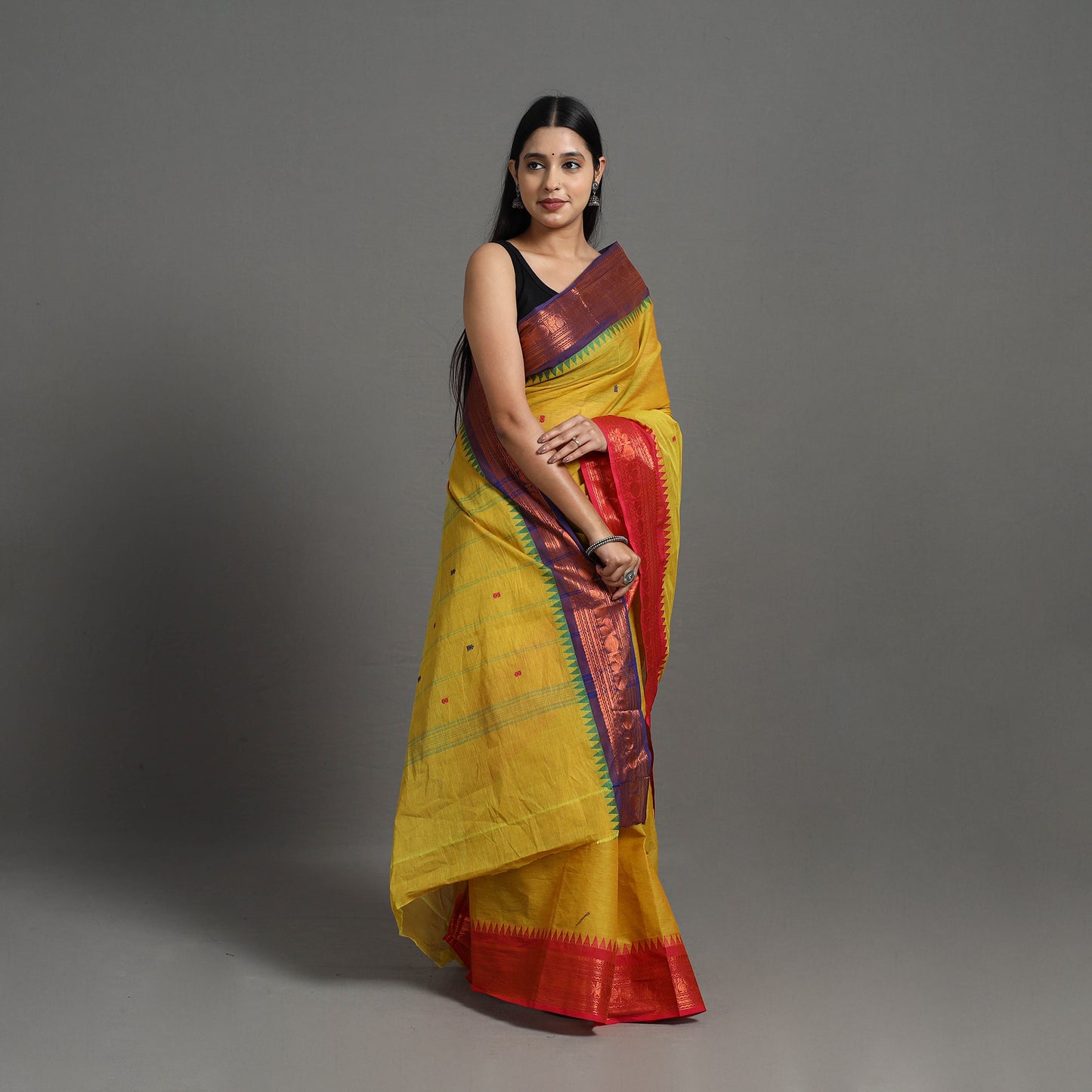 Yellow - Kanchipuram Cotton Saree with Buti & Thread Border 10