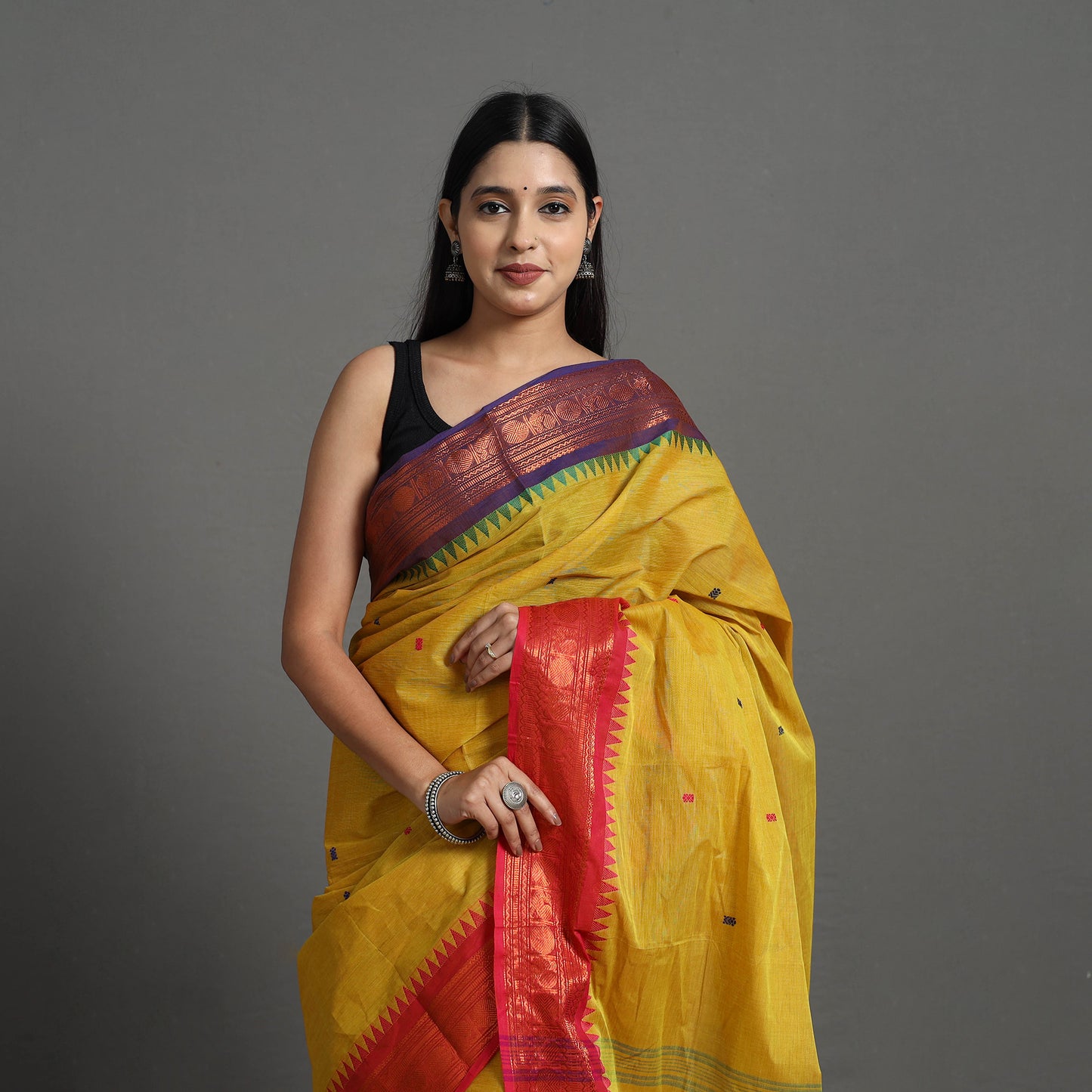 Yellow - Kanchipuram Cotton Saree with Buti & Thread Border 10