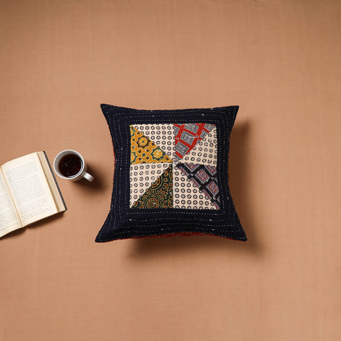 Black - Kutch Tagai Patchwork Ajrakh Cotton Cushion Cover (16 x 16 in) 42