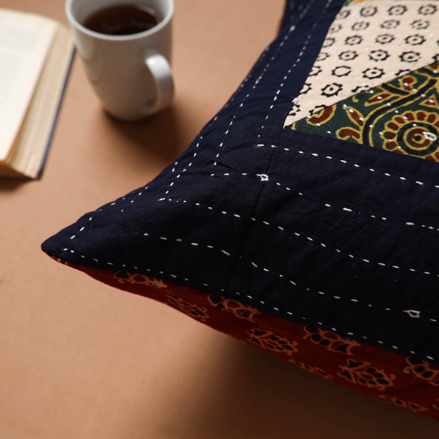 Black - Kutch Tagai Patchwork Ajrakh Cotton Cushion Cover (16 x 16 in) 42