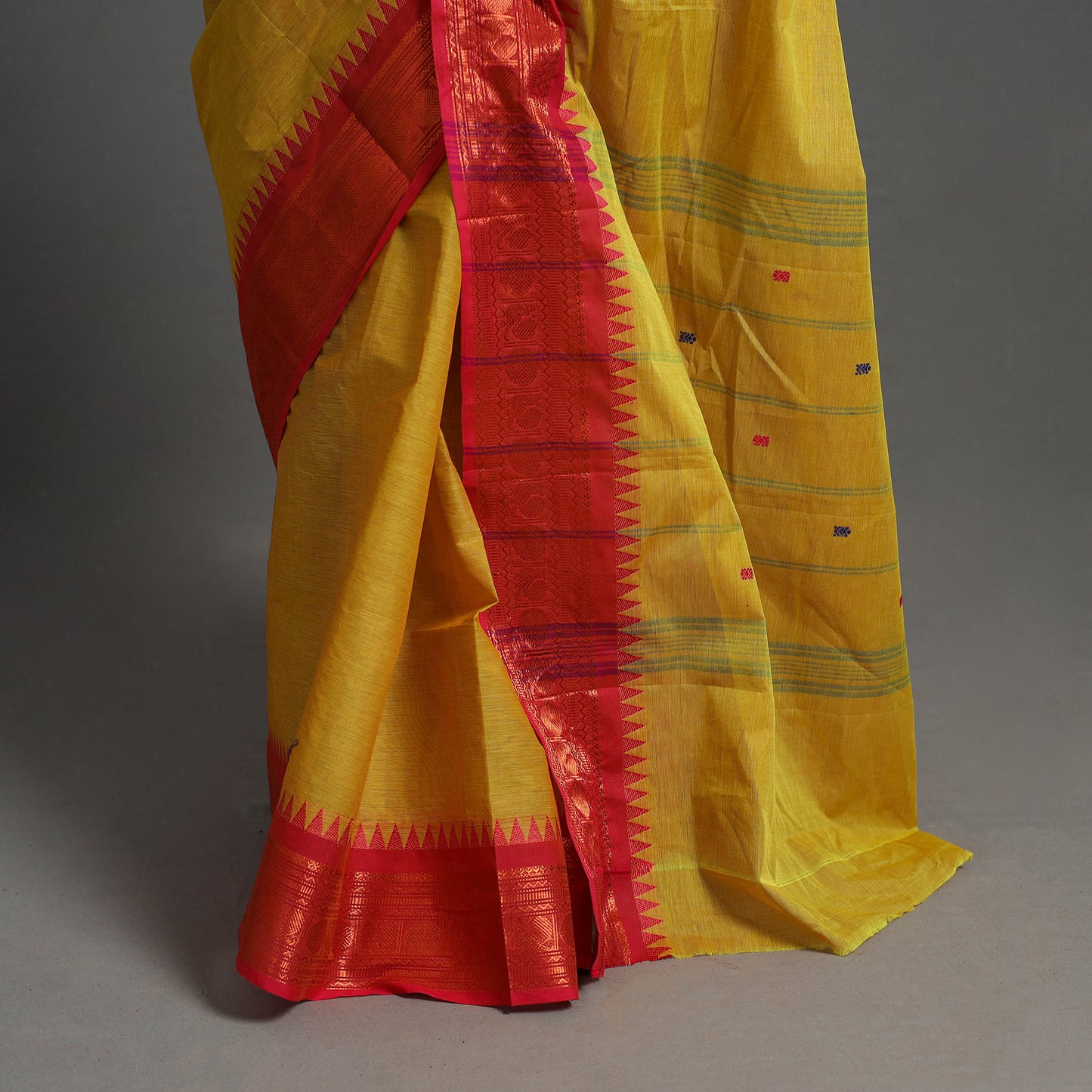 Yellow - Kanchipuram Cotton Saree with Buti & Thread Border 10