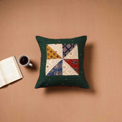 Green - Kutch Tagai Patchwork Ajrakh Cotton Cushion Cover (16 x 16 in) 43