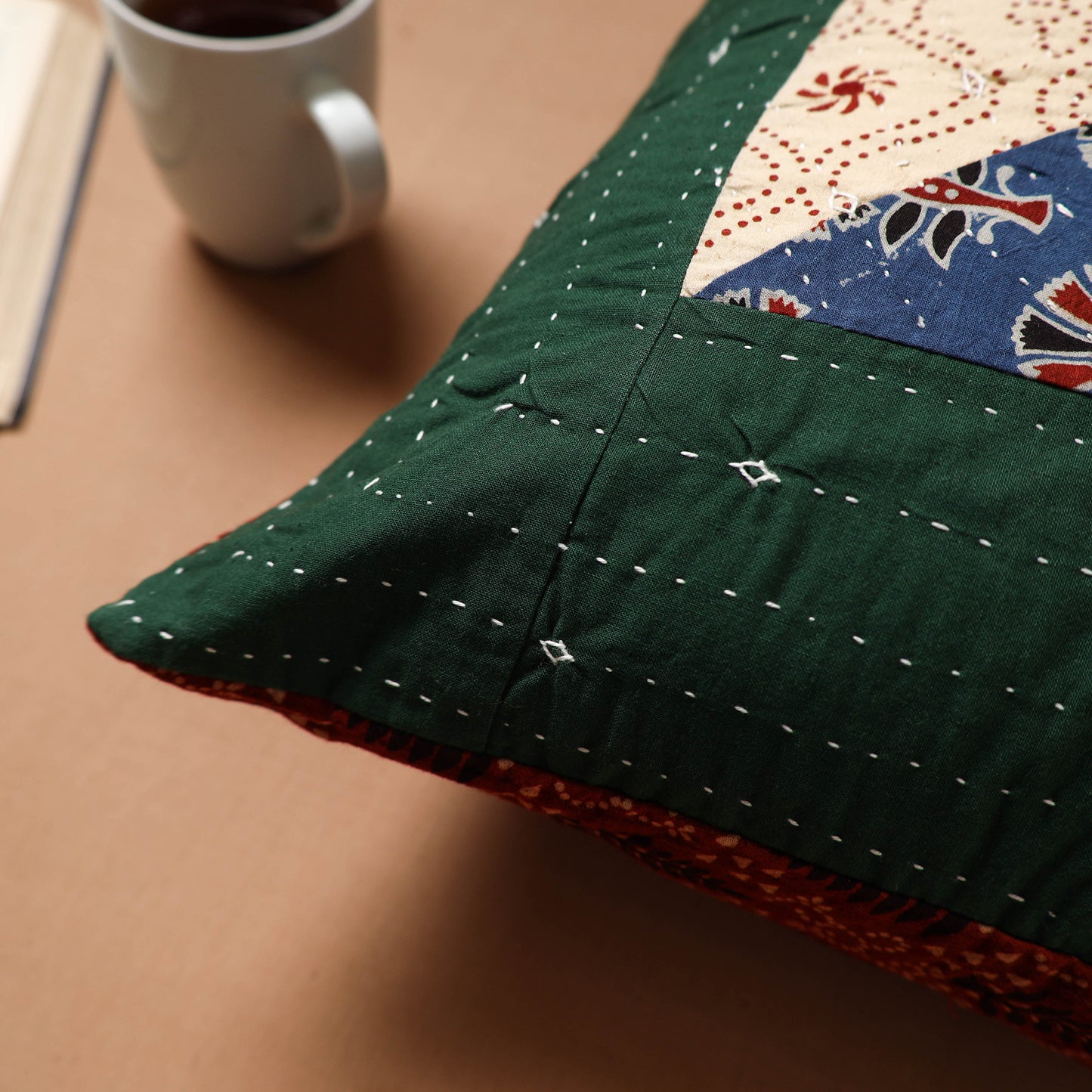 Green - Kutch Tagai Patchwork Ajrakh Cotton Cushion Cover (16 x 16 in) 43