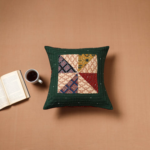 Green - Kutch Tagai Patchwork Ajrakh Cotton Cushion Cover (16 x 16 in) 44