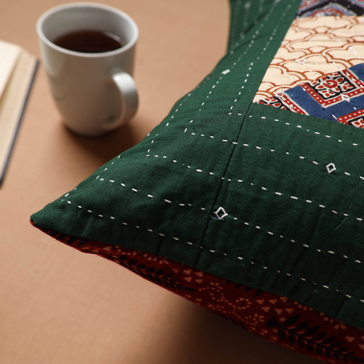 Green - Kutch Tagai Patchwork Ajrakh Cotton Cushion Cover (16 x 16 in) 44