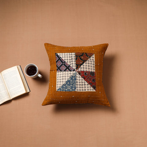 Brown - Kutch Tagai Patchwork Ajrakh Cotton Cushion Cover (16 x 16 in) 45