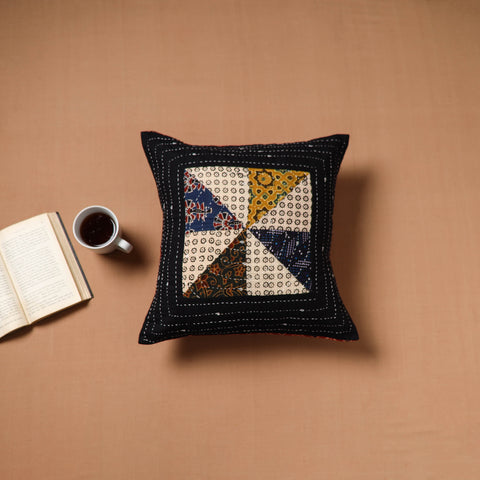 Black - Kutch Tagai Patchwork Ajrakh Cotton Cushion Cover (16 x 16 in) 46