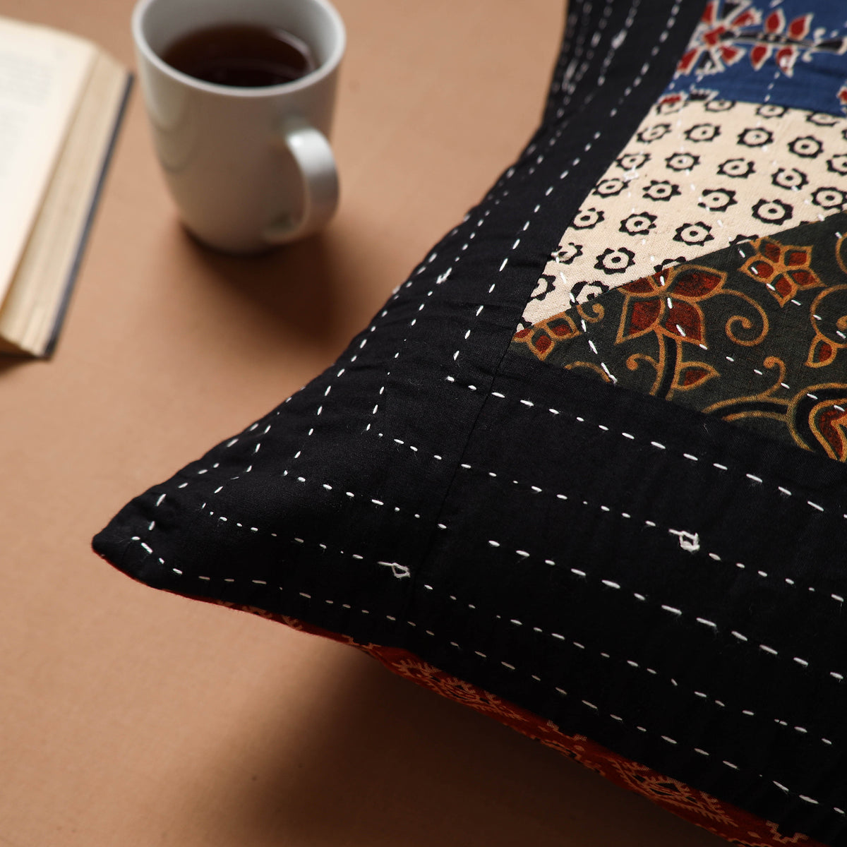 Black - Kutch Tagai Patchwork Ajrakh Cotton Cushion Cover (16 x 16 in) 46