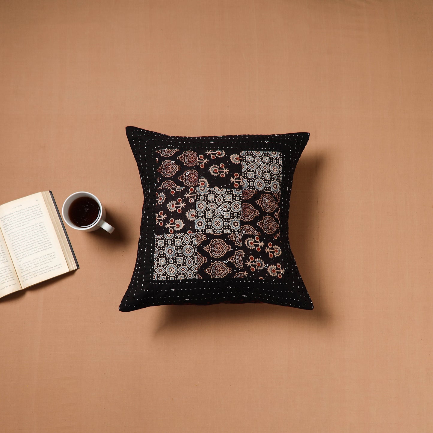 Black - Kutch Tagai Patchwork Ajrakh Cotton Cushion Cover (16 x 16 in) 48