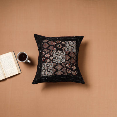 Black - Kutch Tagai Patchwork Ajrakh Cotton Cushion Cover (16 x 16 in) 48