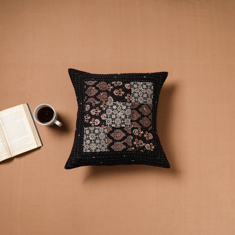 Black - Kutch Tagai Patchwork Ajrakh Cotton Cushion Cover (16 x 16 in) 48