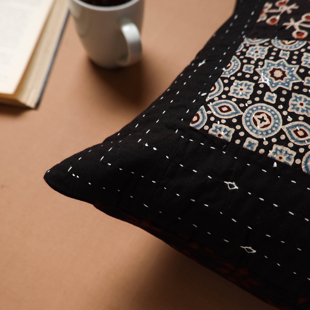 Black - Kutch Tagai Patchwork Ajrakh Cotton Cushion Cover (16 x 16 in) 48