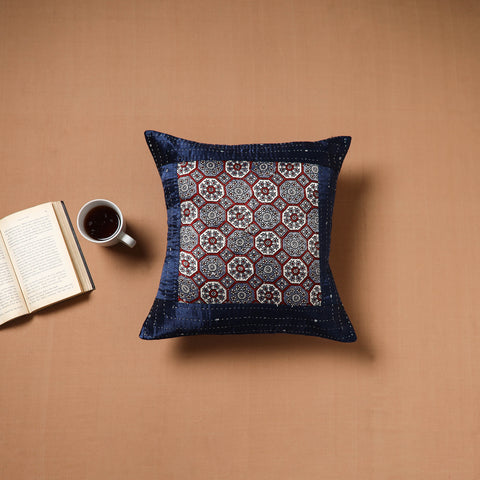 Blue - Kutch Tagai Patchwork Ajrakh Mashru Silk Cushion Cover (16 x 16 in) 51