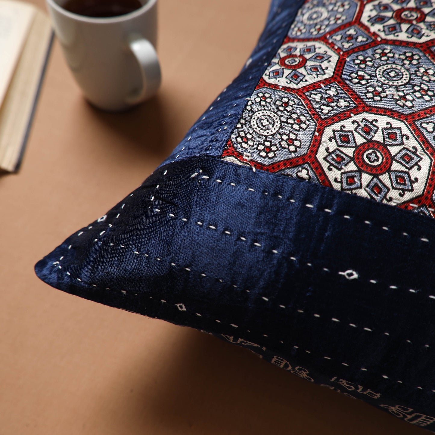 Blue - Kutch Tagai Patchwork Ajrakh Mashru Silk Cushion Cover (16 x 16 in) 51