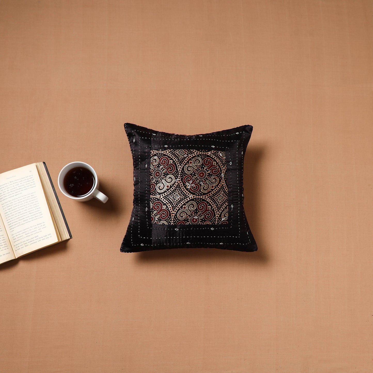 Black - Kutch Tagai Patchwork Ajrakh Mashru Silk Cushion Cover (12 x 12 in) 52