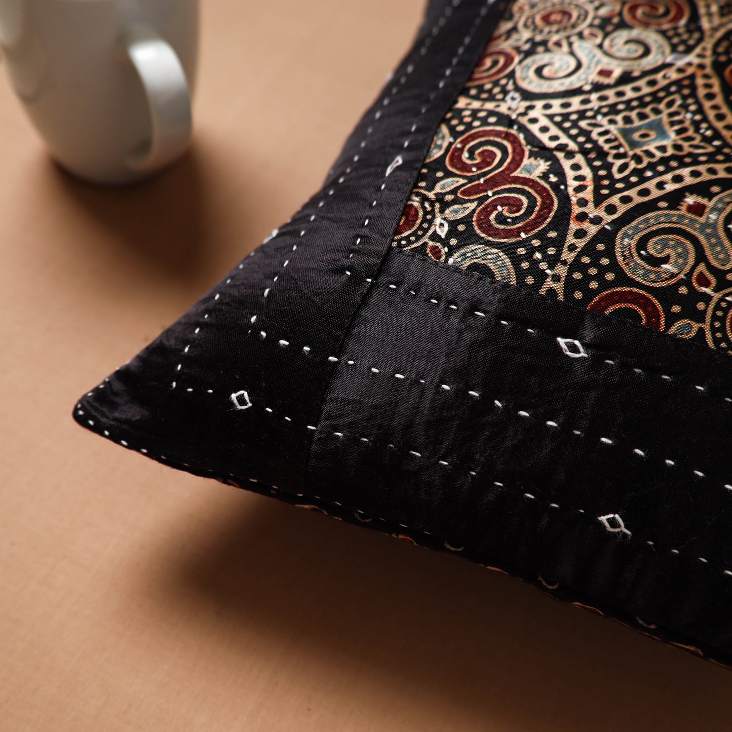 Black - Kutch Tagai Patchwork Ajrakh Mashru Silk Cushion Cover (12 x 12 in) 52