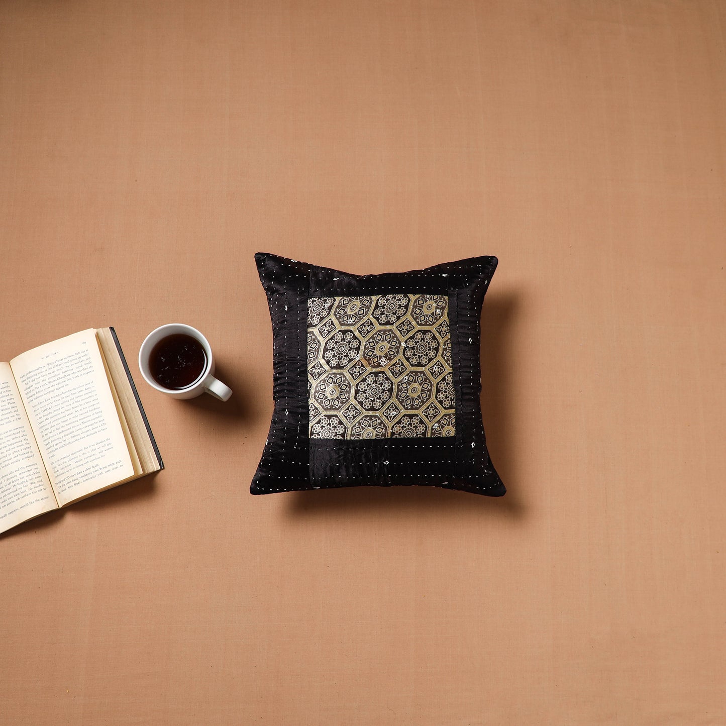 Black - Kutch Tagai Patchwork Ajrakh Mashru Silk Cushion Cover (12 x 12 in) 53