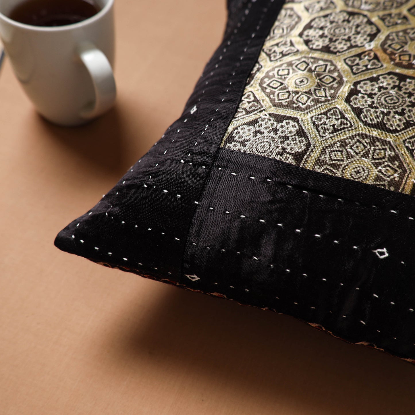 Black - Kutch Tagai Patchwork Ajrakh Mashru Silk Cushion Cover (12 x 12 in) 53