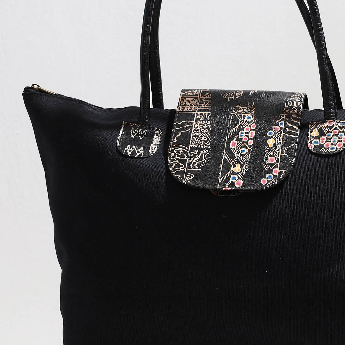 Handcrafted Canvas Cotton & Embossed Leather Flap Tote Bag