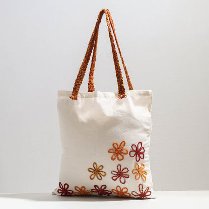 White - Handcrafted Cotton Recycled Flower Design Shoulder Bag