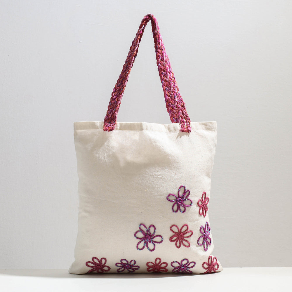 White - Handcrafted Cotton Recycled Flower Design Shoulder Bag