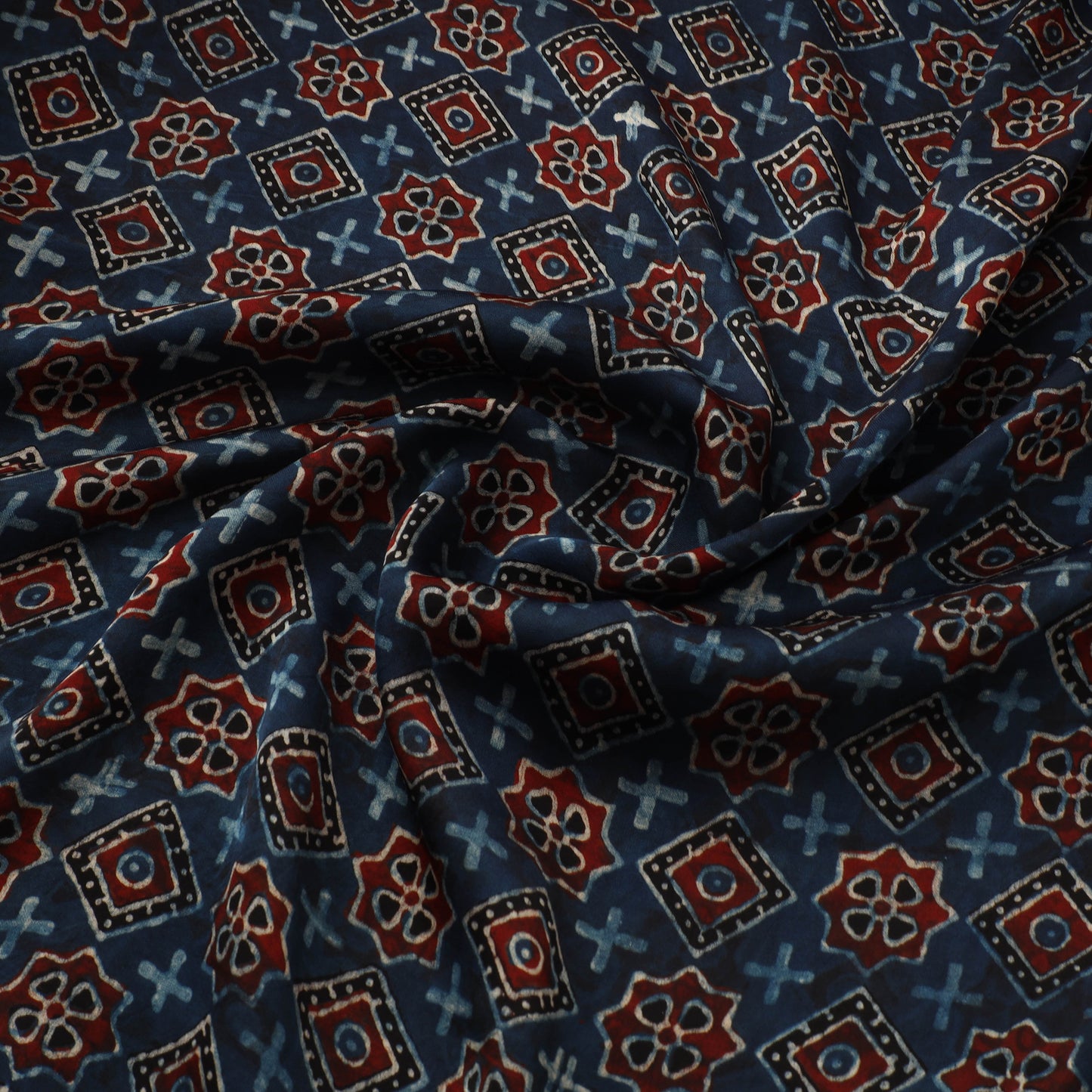 Blue - Ajrakh Hand Block Print Natural Dyed Modal Silk Fabric 29