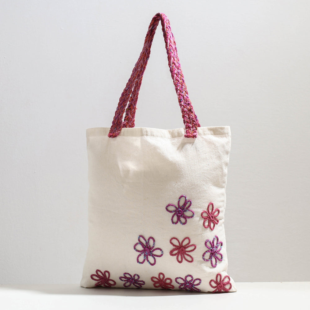 White - Handcrafted Cotton Recycled Flower Design Shoulder Bag