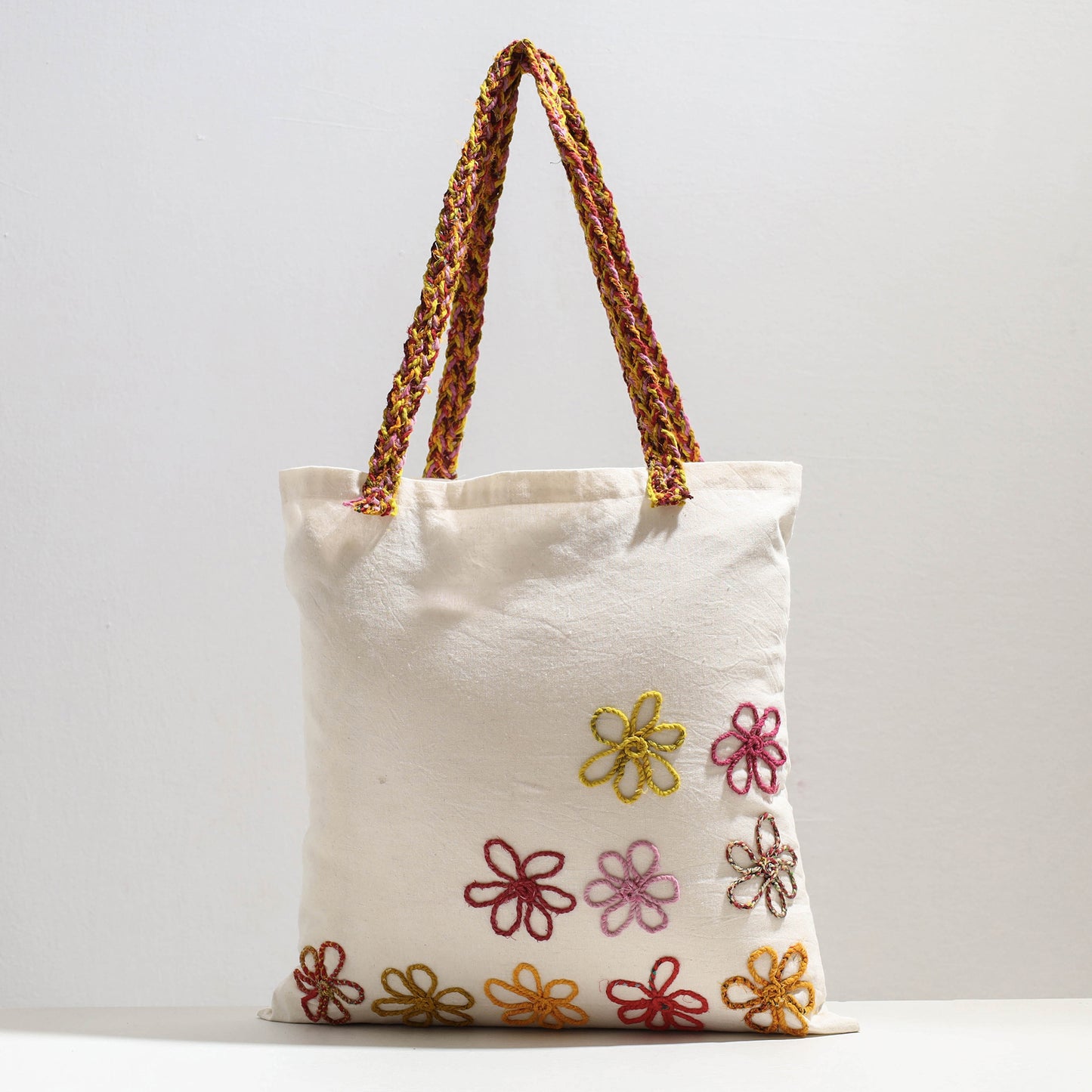 White - Handcrafted Cotton Recycled Flower Design Shoulder Bag