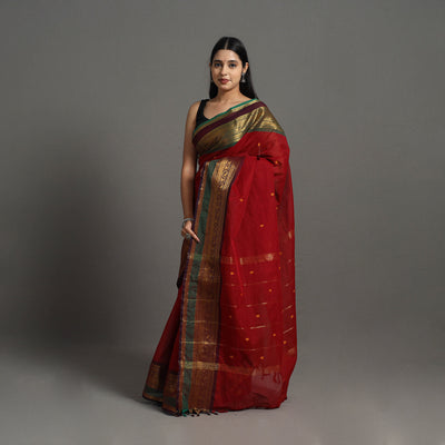 Red - Kanchipuram Cotton Saree with Buti & Thread Border 23