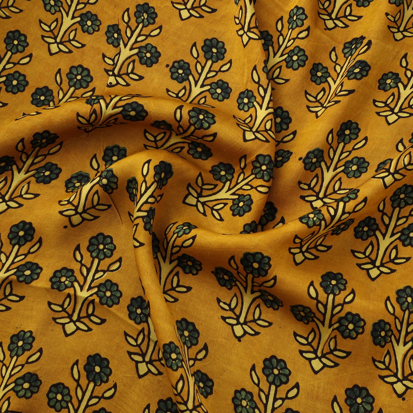 Yellow - Ajrakh Hand Block Print Natural Dyed Modal Silk Fabric 34