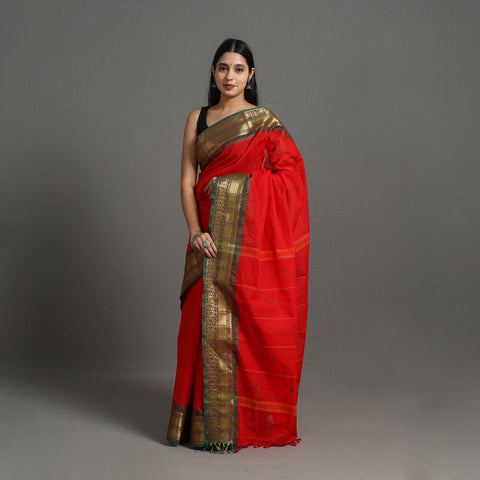 Red - Kanchipuram Cotton Saree with Buti & Thread Border 25